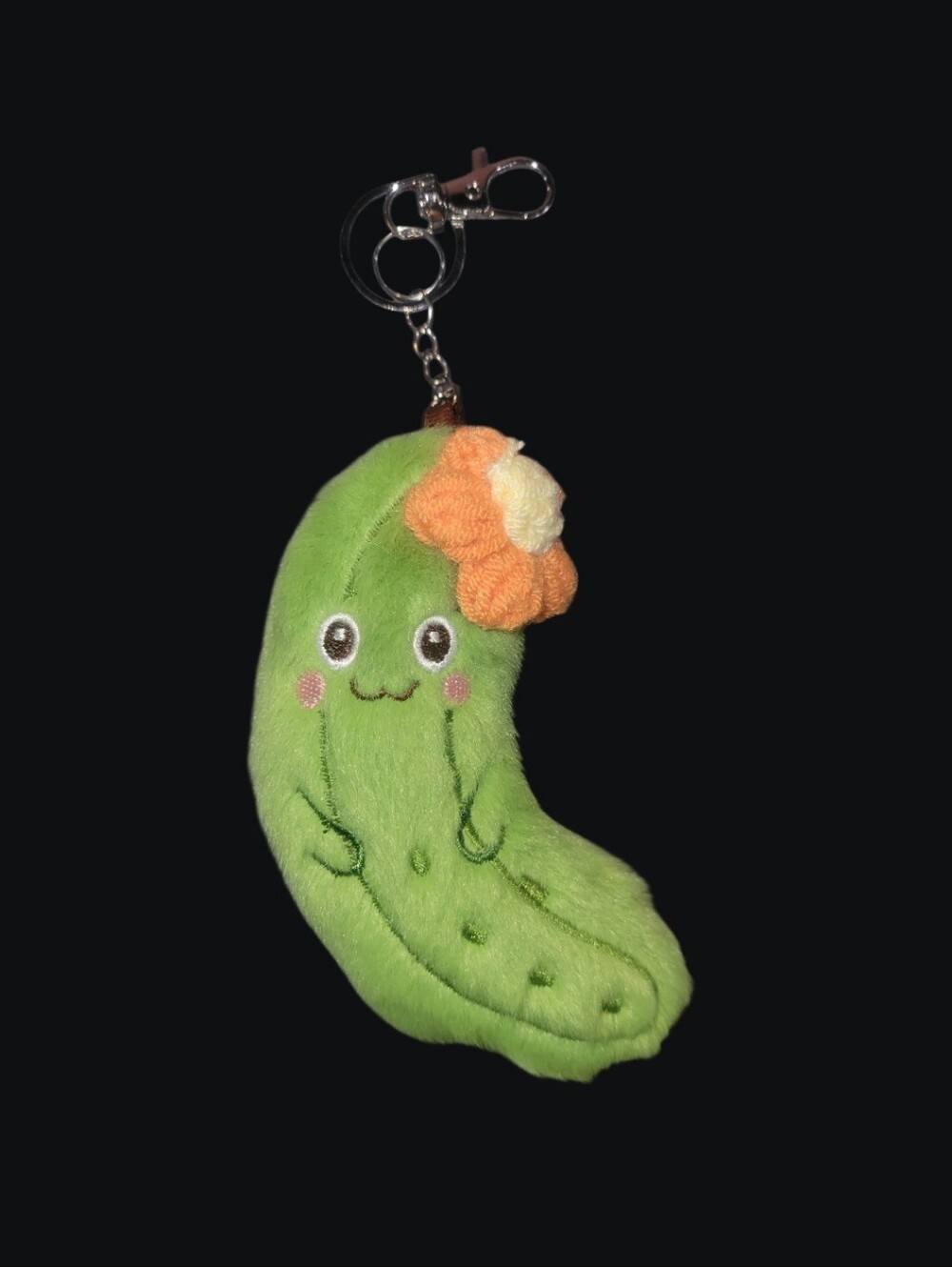 Green Plush Pickle Keychain/Bag Charm with Flower Accent